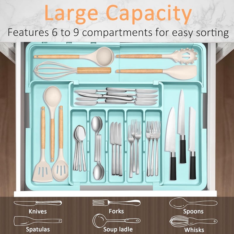 Spaclear Silverware Organizer Expandable Kitchen Utensil Drawer Organizer Large BPA Free Adjustable Cutlery Silverware Tray for Spoons Forks Knives Storage Divider for Kitchen Flatware 6-9 Slots Turquoise - Image 3